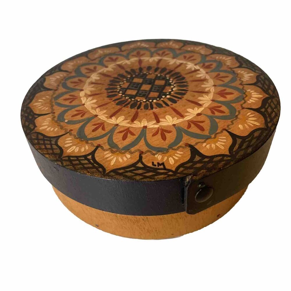 Round Hand Painted Folk Art Wooden Box Storage Vintage 6 inch Stuff‎ Mandala